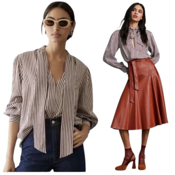 NWT ANTHROPOLOGIE MAEVE Tie-Neck Blouse Size Small Long Sleeve Red White Stripes - Picture 1 of 16